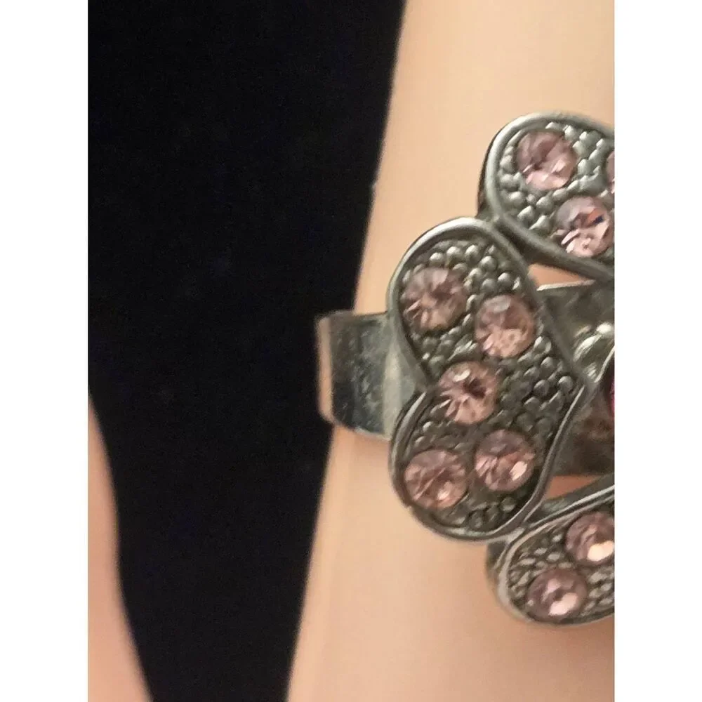 Women's Vintage Pink Rhinestone Heart Flower Silver Tone Adjustable Ring
